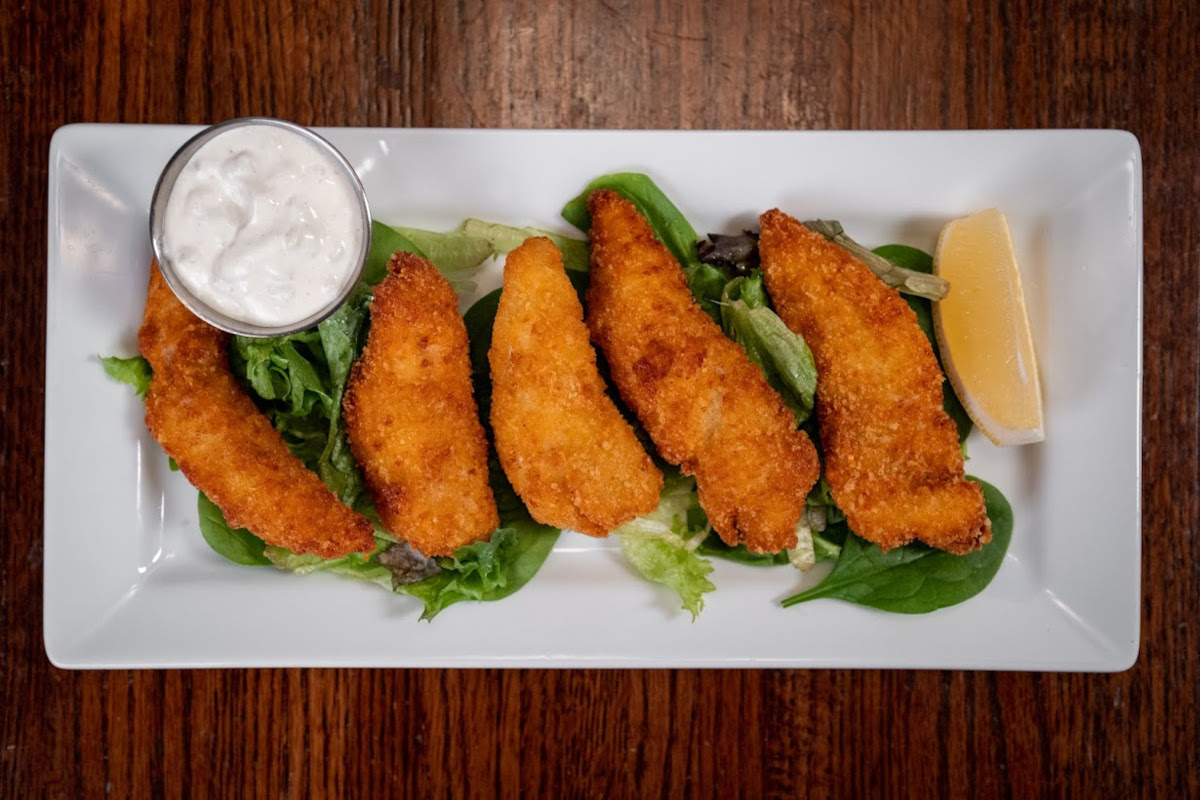 Walleye fingers with dipping sauce, top view