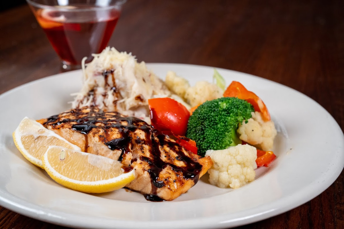 Balsamic glazed salmon, mashed potatoes, lemon and veggies